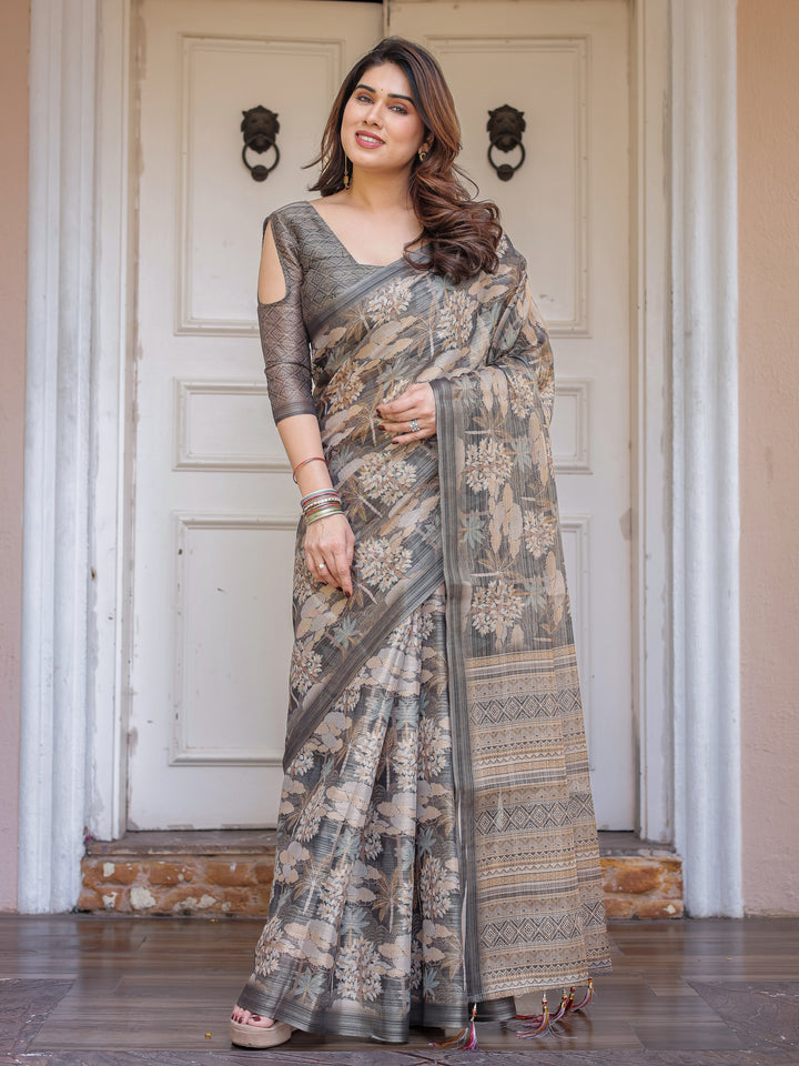 Taupe Grey & Beige Floral Handloom Cotton-Linen Saree with Woven Pallu & Tassels – Classic Ethnic Wear