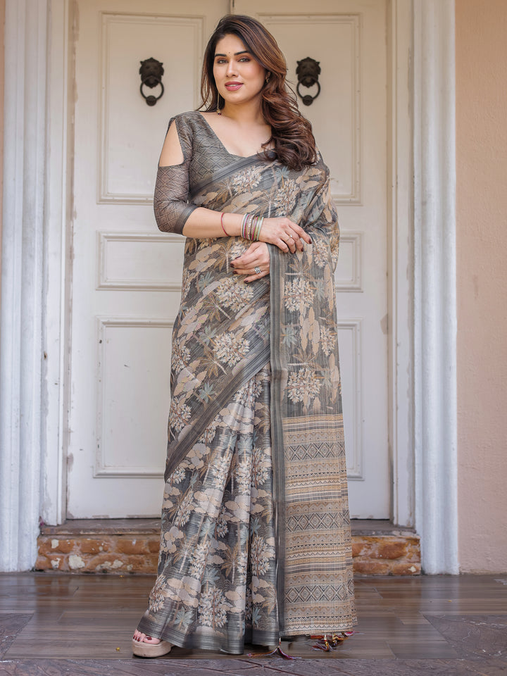 Taupe Grey & Beige Floral Handloom Cotton-Linen Saree with Woven Pallu & Tassels – Classic Ethnic Wear