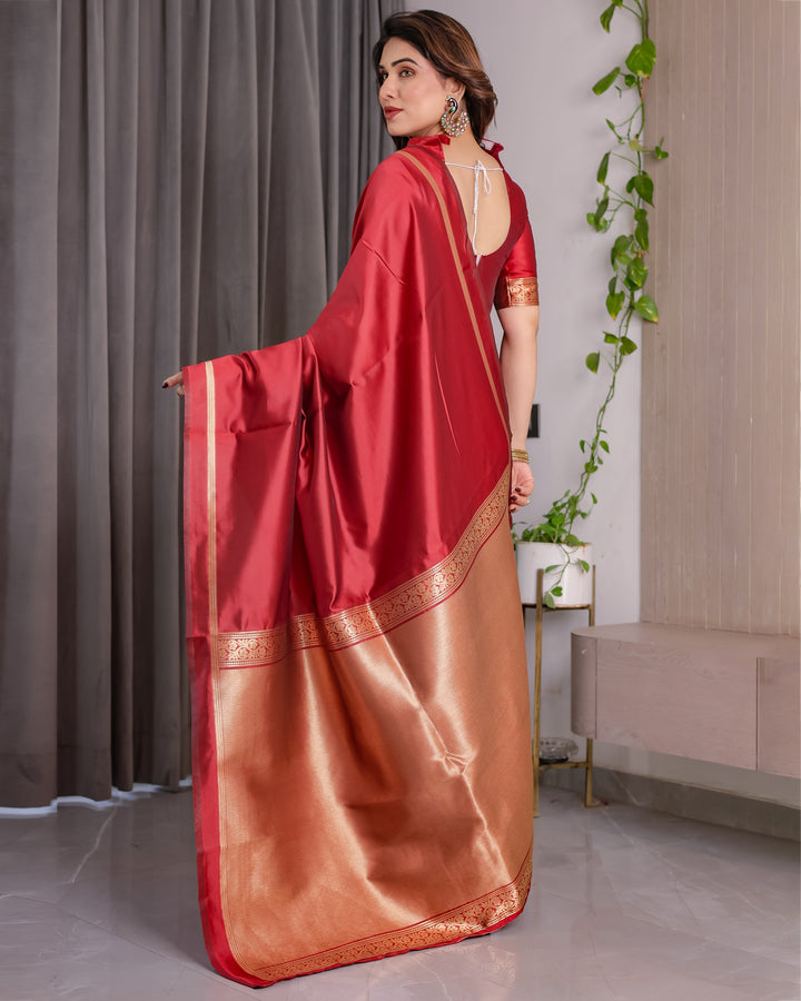 Cherry Red Soft Kanjivaram Silk Saree with Golden Zari Border & Elegant Pallu | 5.5m Saree + 0.8m Blouse Piece