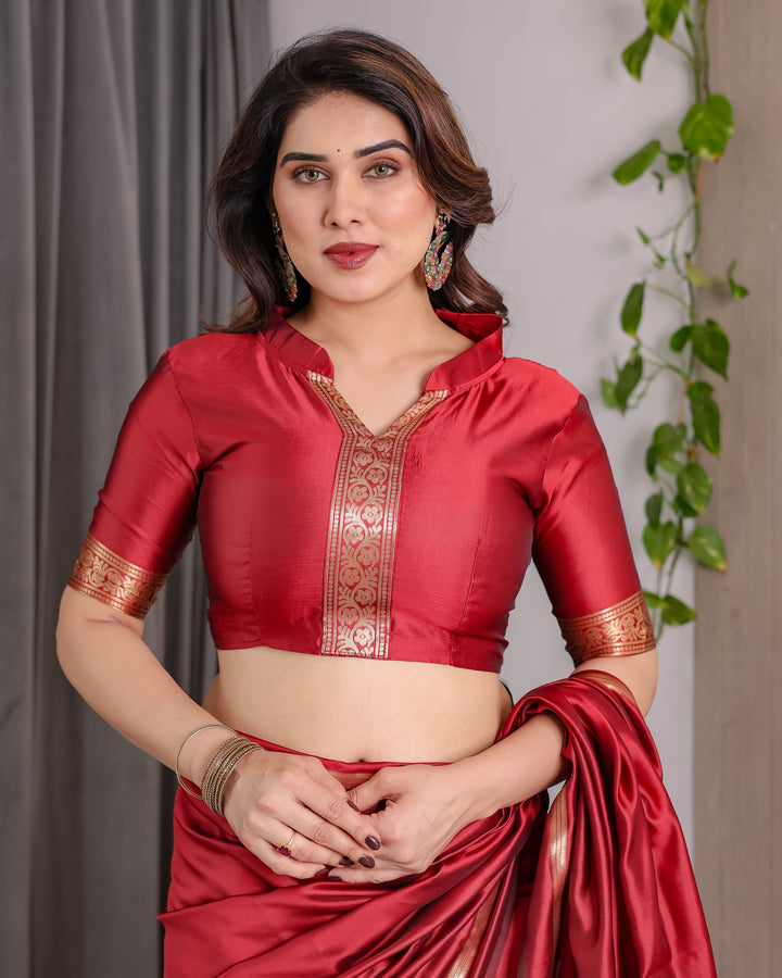 Cherry Red Soft Kanjivaram Silk Saree with Golden Zari Border & Elegant Pallu | 5.5m Saree + 0.8m Blouse Piece