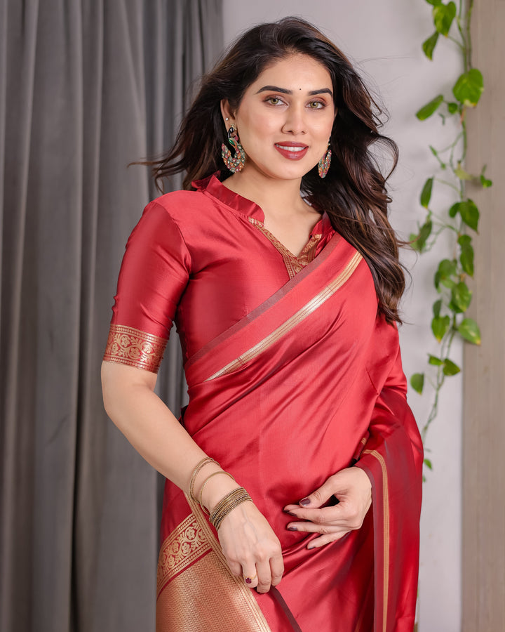 Cherry Red Soft Kanjivaram Silk Saree with Golden Zari Border & Elegant Pallu | 5.5m Saree + 0.8m Blouse Piece