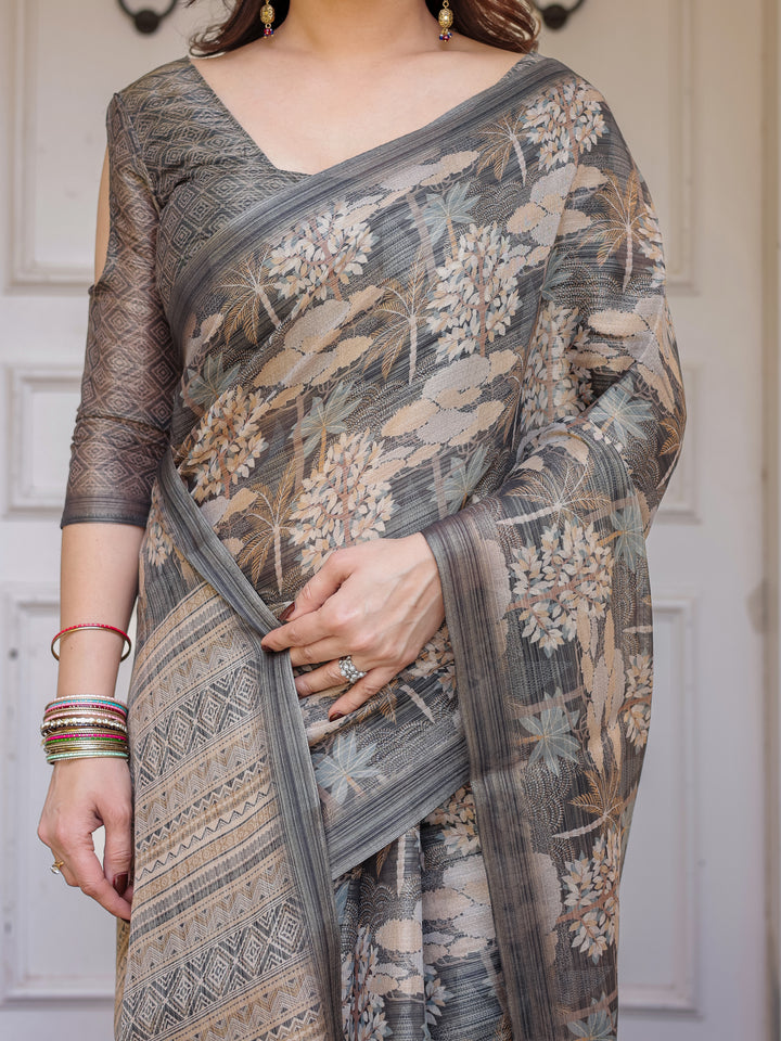 Taupe Grey & Beige Floral Handloom Cotton-Linen Saree with Woven Pallu & Tassels – Classic Ethnic Wear