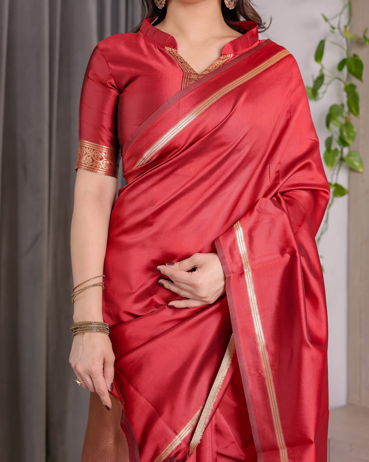 Cherry Red Soft Kanjivaram Silk Saree with Golden Zari Border & Elegant Pallu | 5.5m Saree + 0.8m Blouse Piece