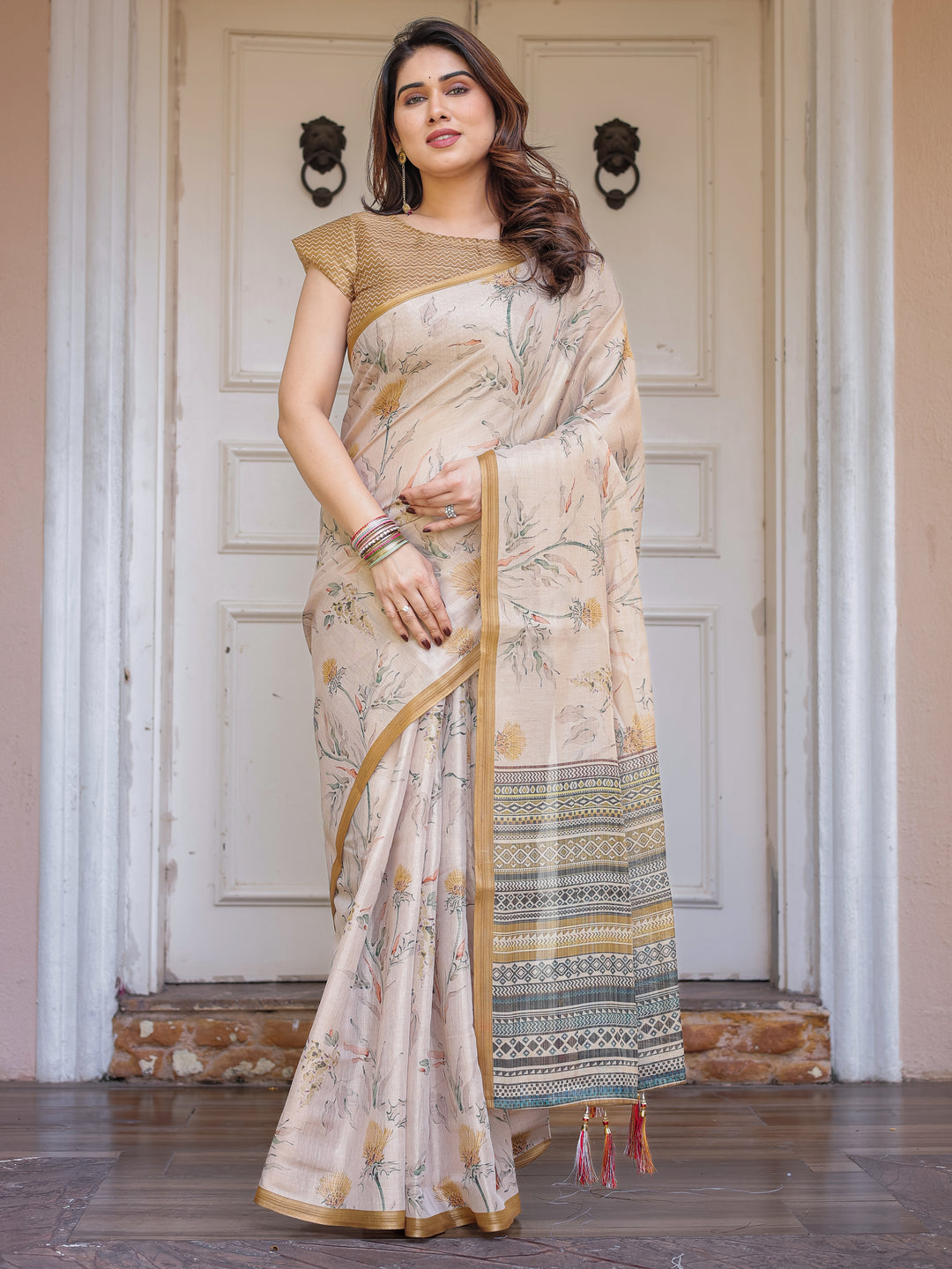 Beige & Mustard Botanical Handloom Cotton-Linen Saree with Ethnic Striped Pallu & Tassels – Graceful Traditional Wear