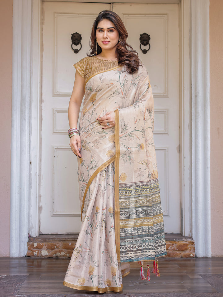 Beige & Mustard Botanical Handloom Cotton-Linen Saree with Ethnic Striped Pallu & Tassels – Graceful Traditional Wear