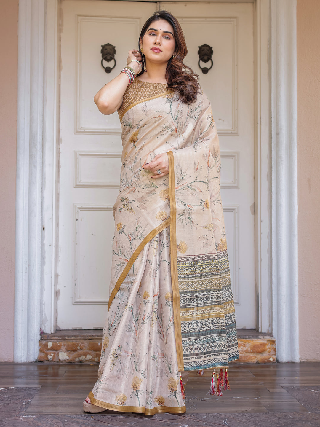 Beige & Mustard Botanical Handloom Cotton-Linen Saree with Ethnic Striped Pallu & Tassels – Graceful Traditional Wear