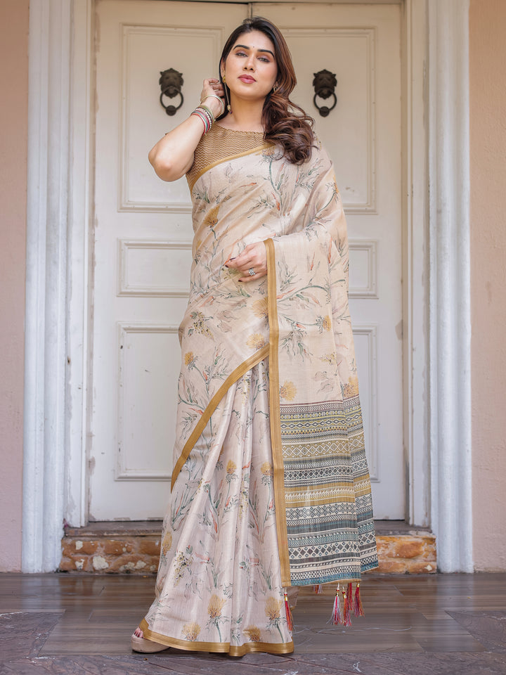 Beige & Mustard Botanical Handloom Cotton-Linen Saree with Ethnic Striped Pallu & Tassels – Graceful Traditional Wear