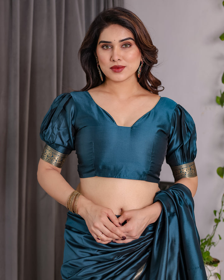 Teal Blue Soft Kanjivaram Silk Saree with Golden Zari Pallu & Designer Blouse | 5.5m Saree + 0.8m Blouse