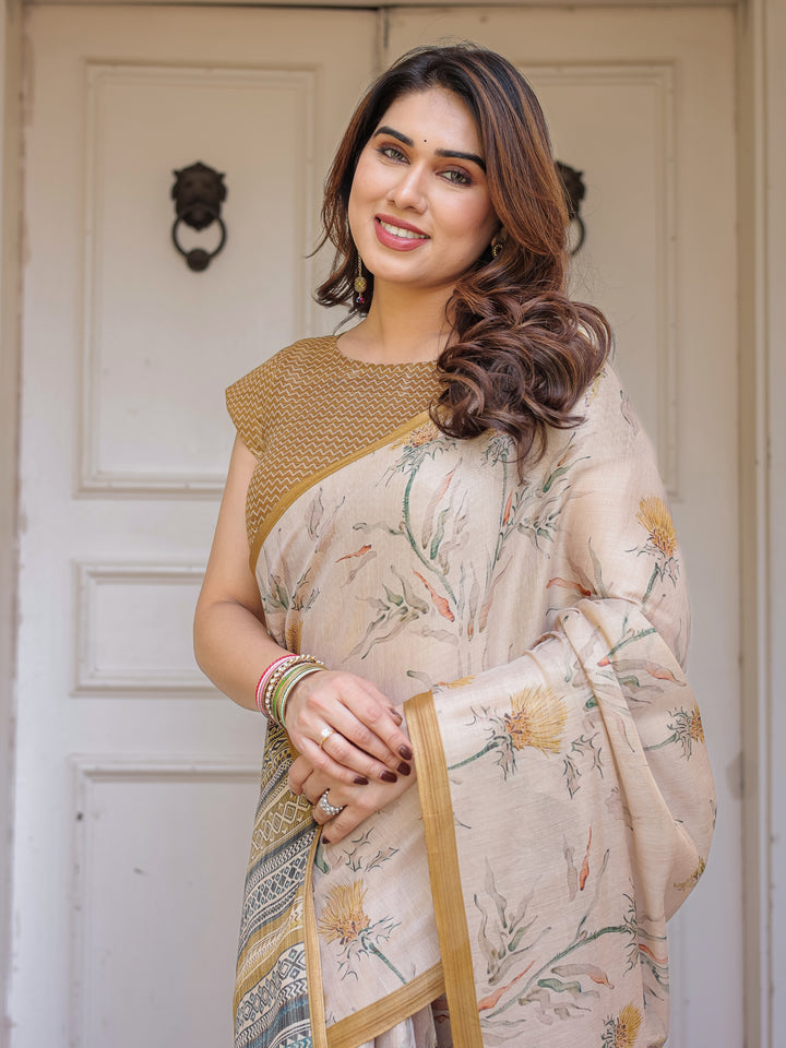 Beige & Mustard Botanical Handloom Cotton-Linen Saree with Ethnic Striped Pallu & Tassels – Graceful Traditional Wear