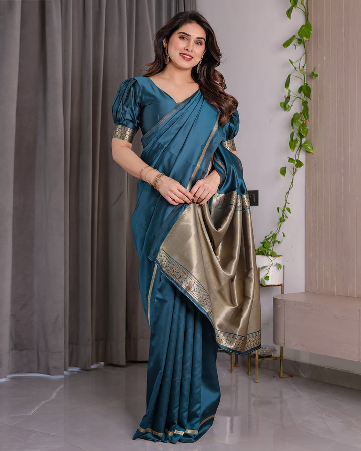 Teal Blue Soft Kanjivaram Silk Saree with Golden Zari Pallu & Designer Blouse | 5.5m Saree + 0.8m Blouse