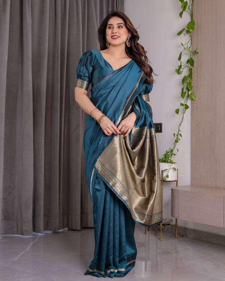 Teal Blue Soft Kanjivaram Silk Saree with Golden Zari Pallu & Designer Blouse | 5.5m Saree + 0.8m Blouse