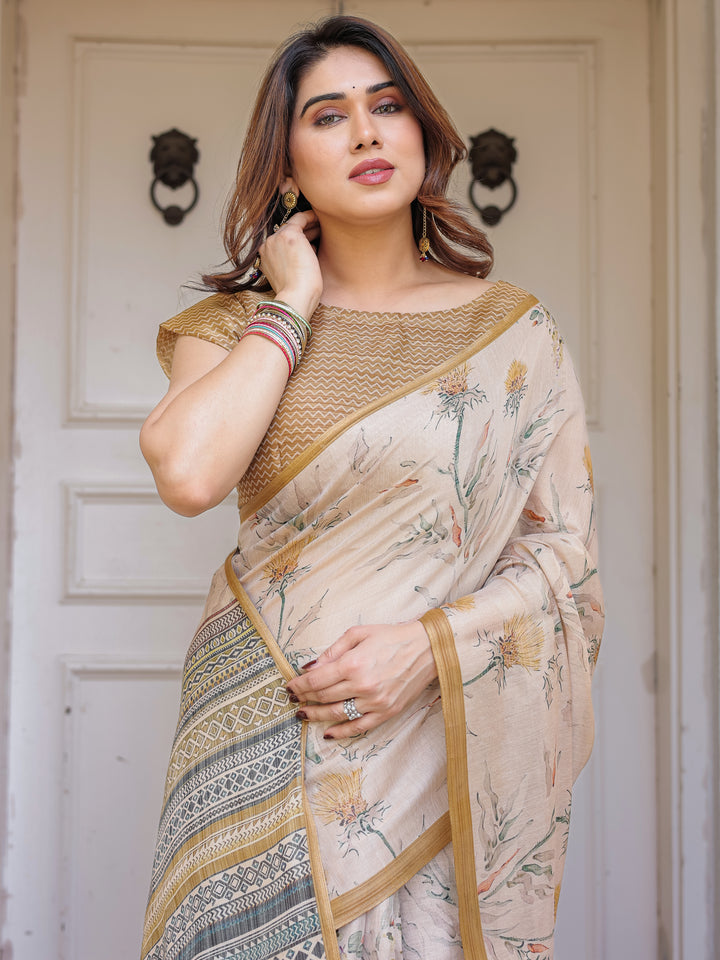 Beige & Mustard Botanical Handloom Cotton-Linen Saree with Ethnic Striped Pallu & Tassels – Graceful Traditional Wear