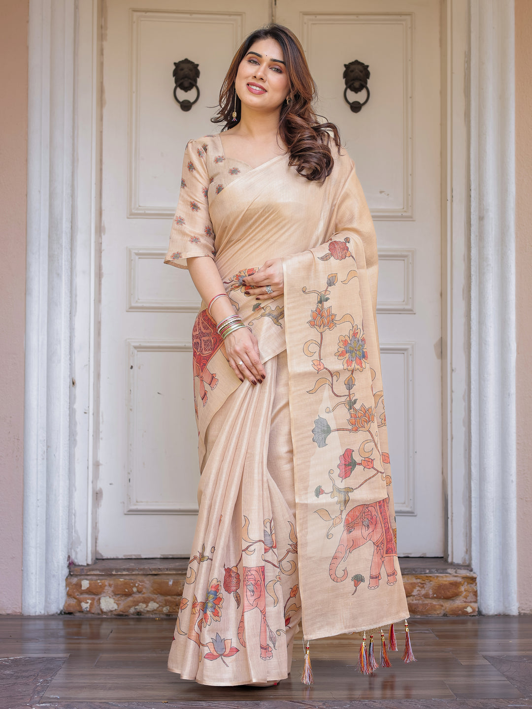Beige Heritage Art Printed Handloom Cotton-Linen Saree with Elephant & Horse Motif Pallu and Tassels – Traditional Statement Wear