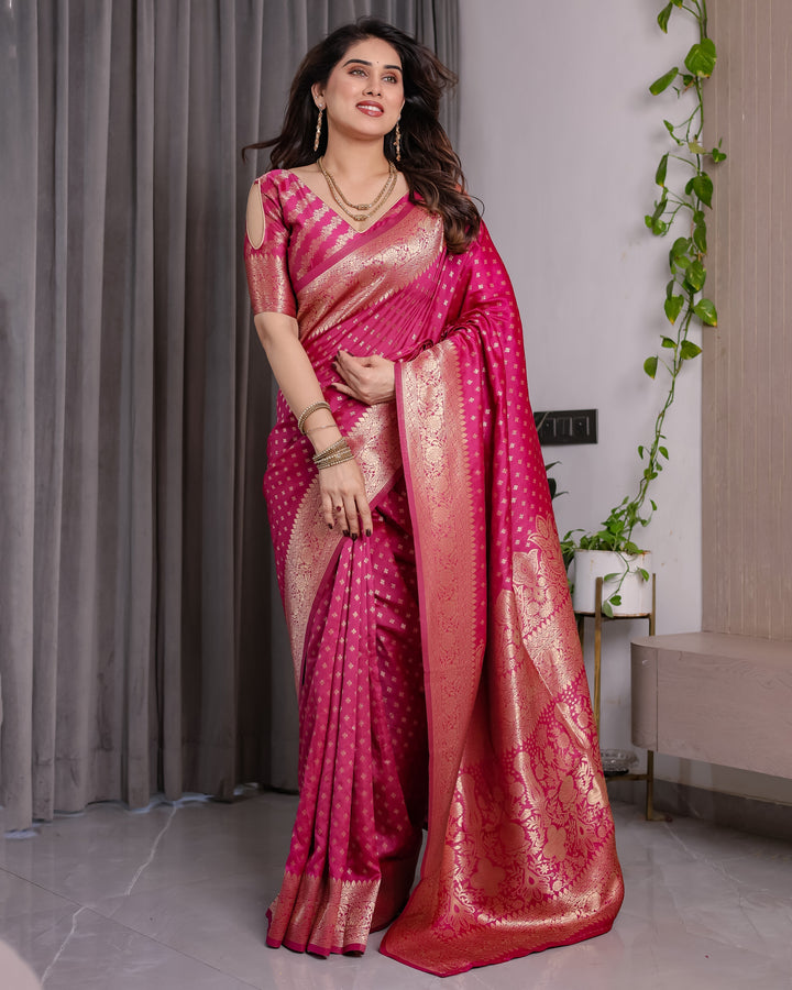 Magenta Pink Pure Kanjivaram Silk Saree with Golden Zari Weaving & Rich Floral Pallu | 5.5m Saree + 0.8m Blouse Piece