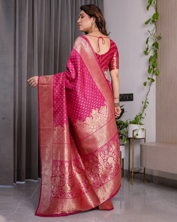 Magenta Pink Pure Kanjivaram Silk Saree with Golden Zari Weaving & Rich Floral Pallu | 5.5m Saree + 0.8m Blouse Piece