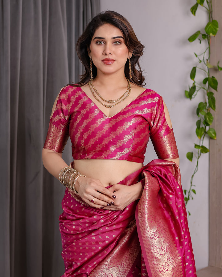 Magenta Pink Pure Kanjivaram Silk Saree with Golden Zari Weaving & Rich Floral Pallu | 5.5m Saree + 0.8m Blouse Piece