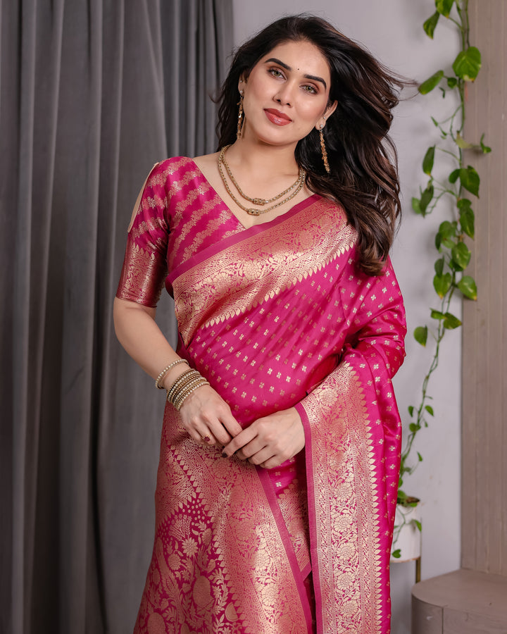 Magenta Pink Pure Kanjivaram Silk Saree with Golden Zari Weaving & Rich Floral Pallu | 5.5m Saree + 0.8m Blouse Piece