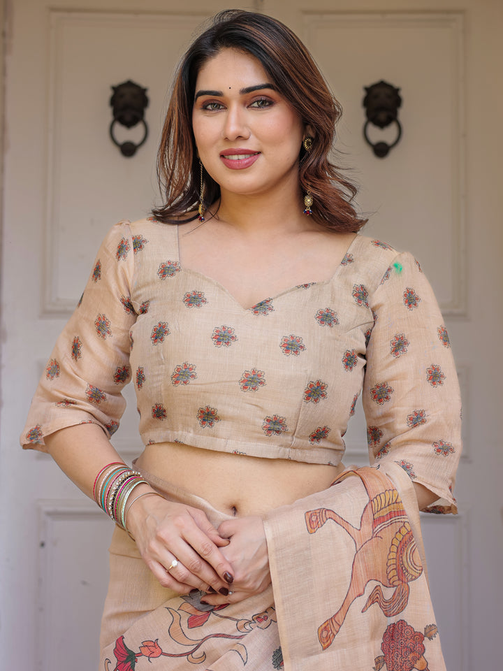 Beige Heritage Art Printed Handloom Cotton-Linen Saree with Elephant & Horse Motif Pallu and Tassels – Traditional Statement Wear