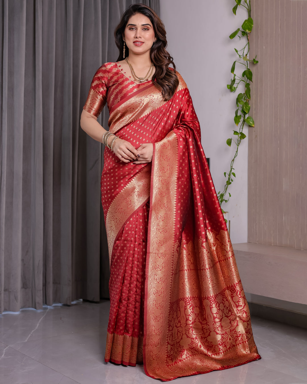 Rust Red Pure Kanjivaram Silk Saree with Golden Zari Buttas & Rich Floral Brocade Pallu | 5.5m Saree + 0.8m Blouse Piece