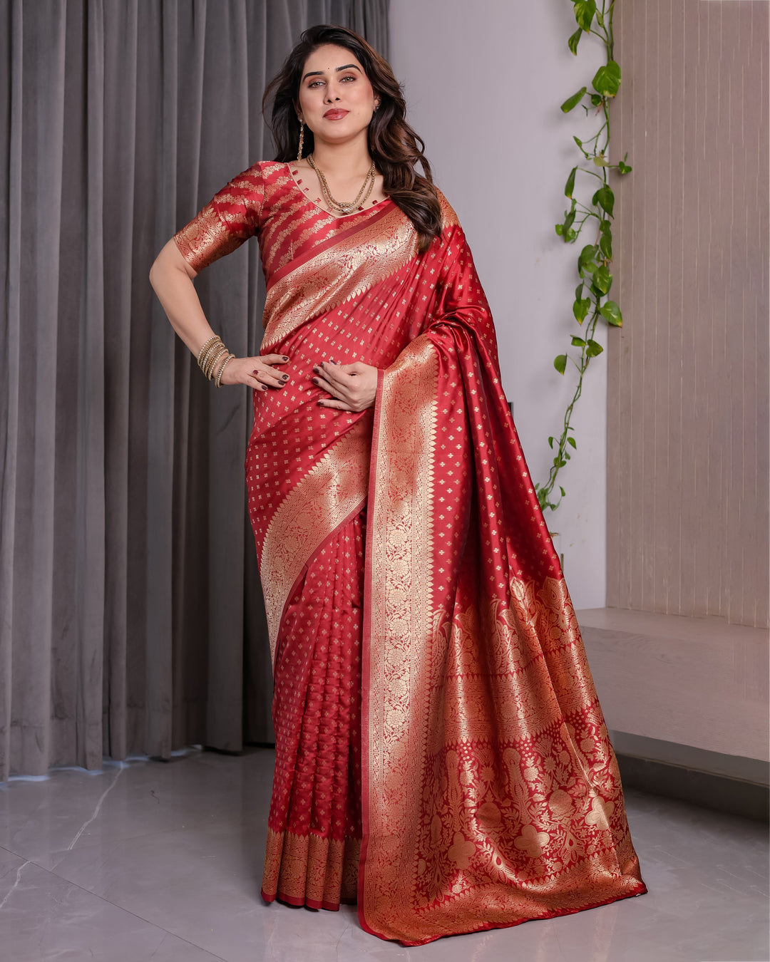 Rust Red Pure Kanjivaram Silk Saree with Golden Zari Buttas & Rich Floral Brocade Pallu | 5.5m Saree + 0.8m Blouse Piece