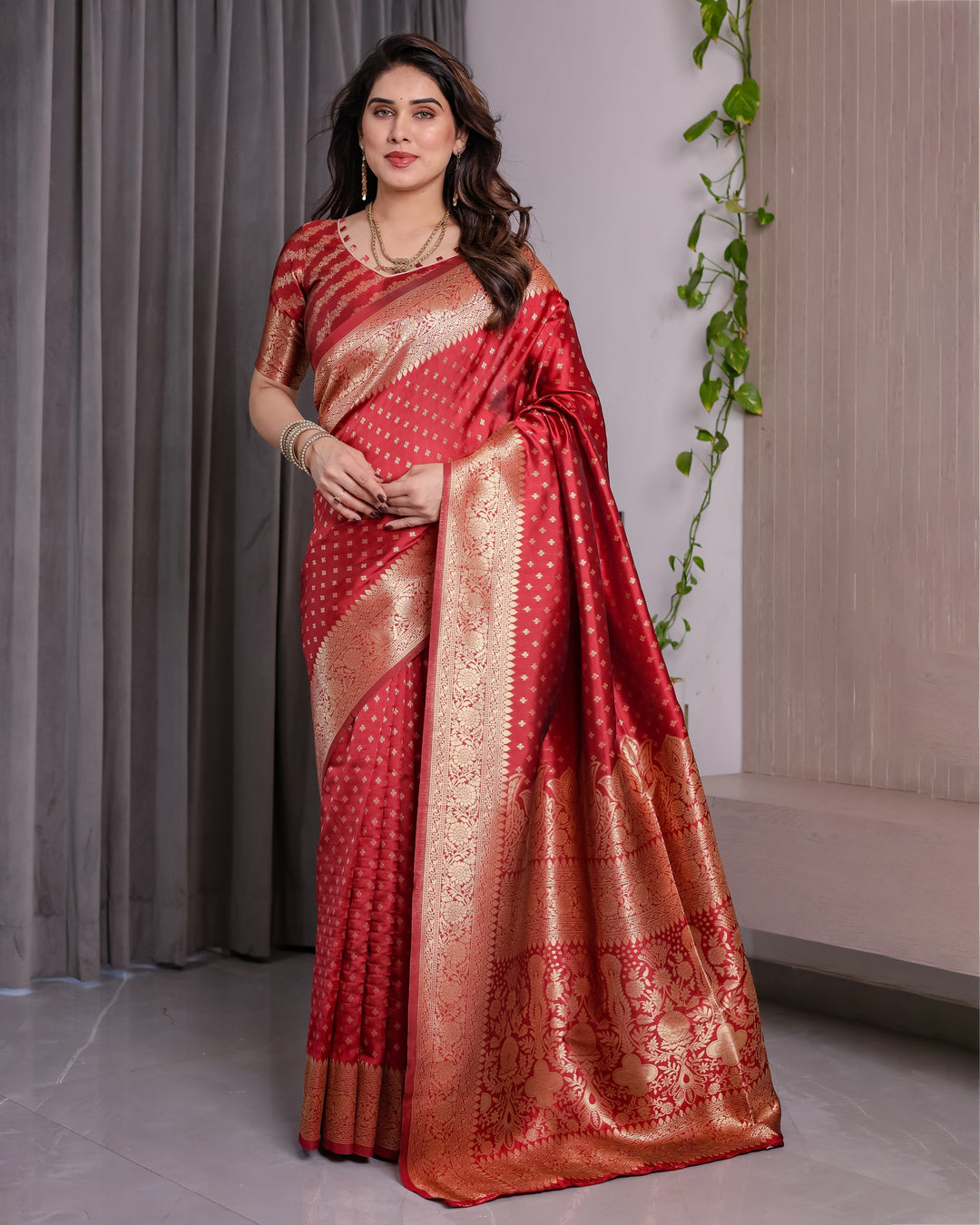Rust Red Pure Kanjivaram Silk Saree with Golden Zari Buttas & Rich Floral Brocade Pallu | 5.5m Saree + 0.8m Blouse Piece