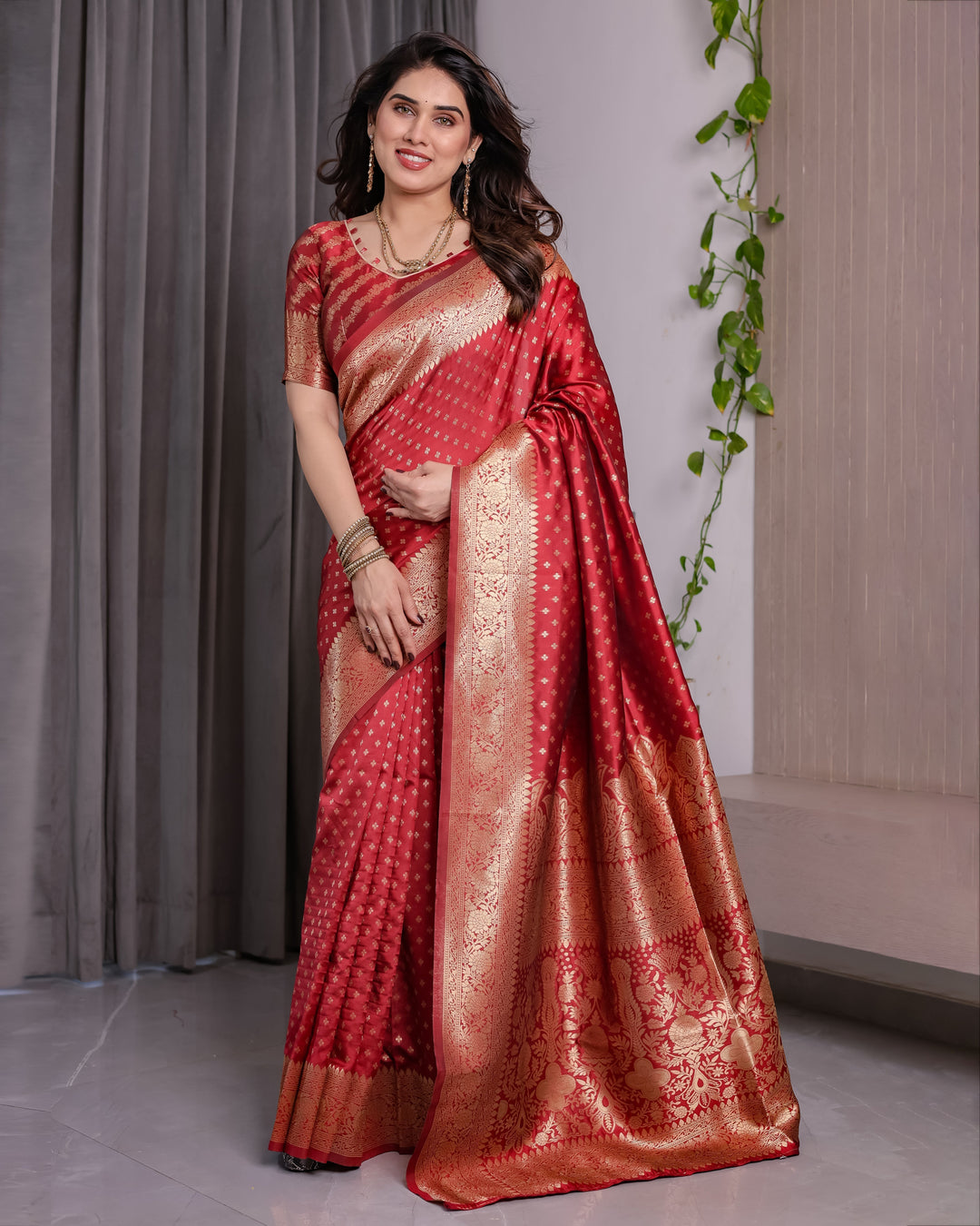 Rust Red Pure Kanjivaram Silk Saree with Golden Zari Buttas & Rich Floral Brocade Pallu | 5.5m Saree + 0.8m Blouse Piece