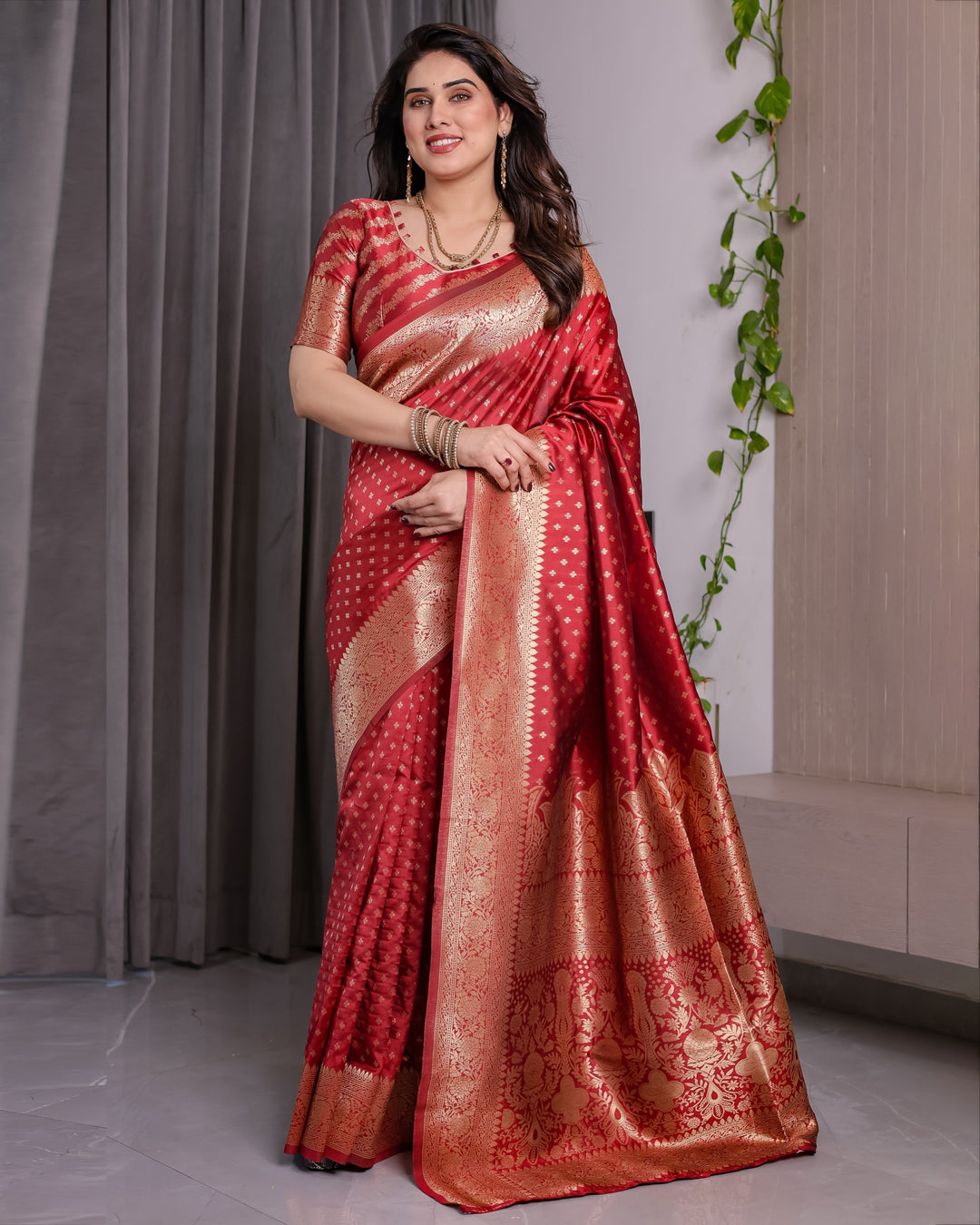 Rust Red Pure Kanjivaram Silk Saree with Golden Zari Buttas & Rich Floral Brocade Pallu | 5.5m Saree + 0.8m Blouse Piece