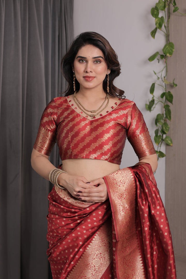 Rust Red Pure Kanjivaram Silk Saree with Golden Zari Buttas & Rich Floral Brocade Pallu | 5.5m Saree + 0.8m Blouse Piece