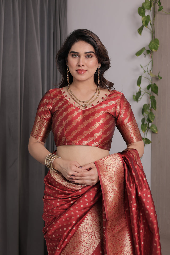 Rust Red Pure Kanjivaram Silk Saree with Golden Zari Buttas & Rich Floral Brocade Pallu | 5.5m Saree + 0.8m Blouse Piece