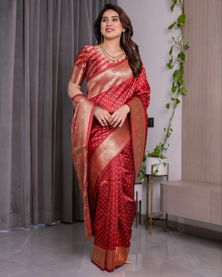 Rust Red Pure Kanjivaram Silk Saree with Golden Zari Buttas & Rich Floral Brocade Pallu | 5.5m Saree + 0.8m Blouse Piece