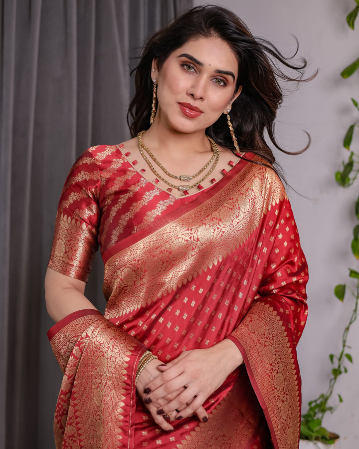 Rust Red Pure Kanjivaram Silk Saree with Golden Zari Buttas & Rich Floral Brocade Pallu | 5.5m Saree + 0.8m Blouse Piece