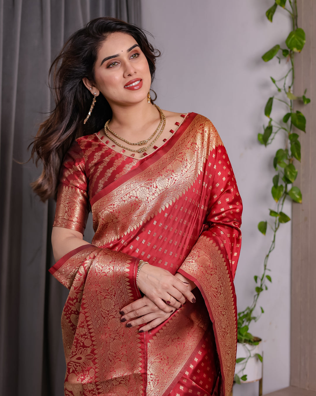Rust Red Pure Kanjivaram Silk Saree with Golden Zari Buttas & Rich Floral Brocade Pallu | 5.5m Saree + 0.8m Blouse Piece