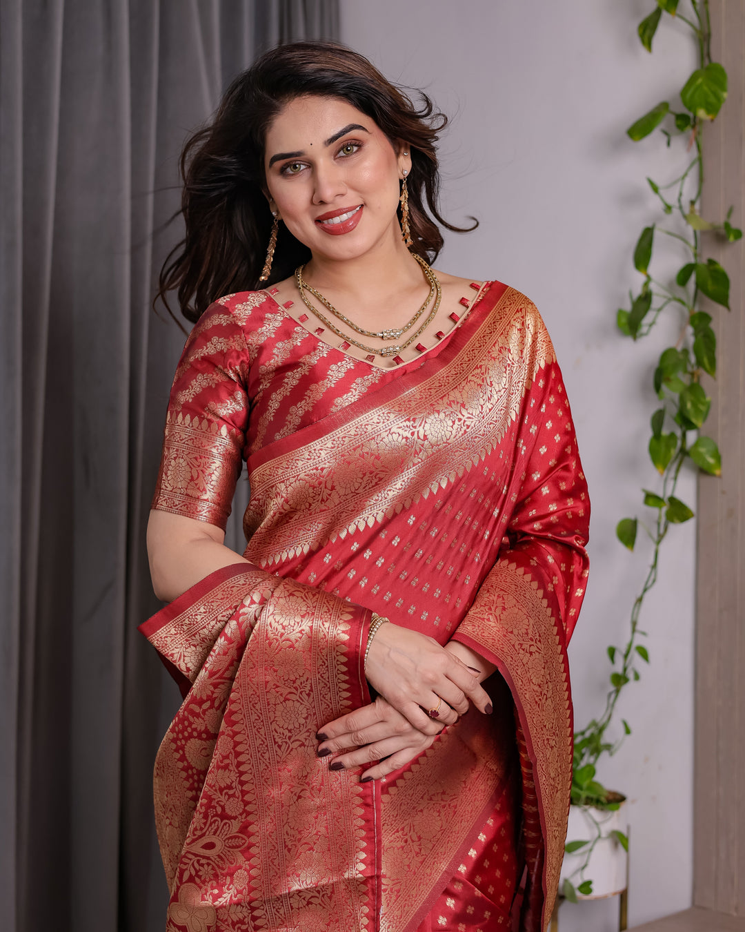 Rust Red Pure Kanjivaram Silk Saree with Golden Zari Buttas & Rich Floral Brocade Pallu | 5.5m Saree + 0.8m Blouse Piece