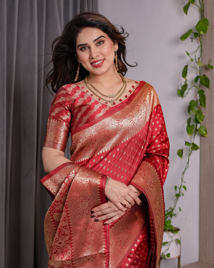 Rust Red Pure Kanjivaram Silk Saree with Golden Zari Buttas & Rich Floral Brocade Pallu | 5.5m Saree + 0.8m Blouse Piece