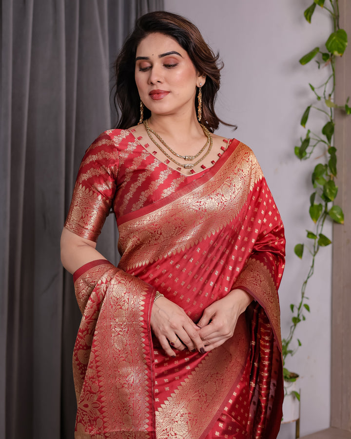 Rust Red Pure Kanjivaram Silk Saree with Golden Zari Buttas & Rich Floral Brocade Pallu | 5.5m Saree + 0.8m Blouse Piece