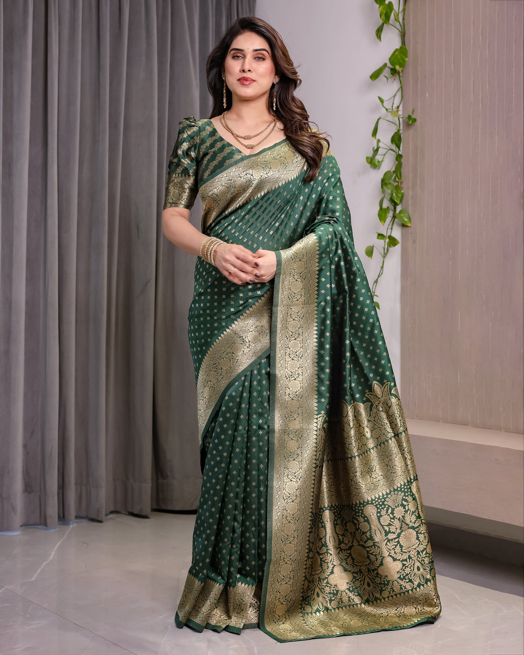 Bottle Green Pure Kanjivaram Silk Saree with Rich Golden Zari Weaving & Traditional Floral Pallu | 5.5m Saree + 0.8m Blouse