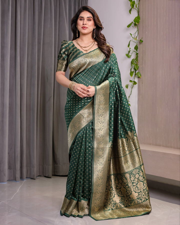 Bottle Green Pure Kanjivaram Silk Saree with Rich Golden Zari Weaving & Traditional Floral Pallu | 5.5m Saree + 0.8m Blouse