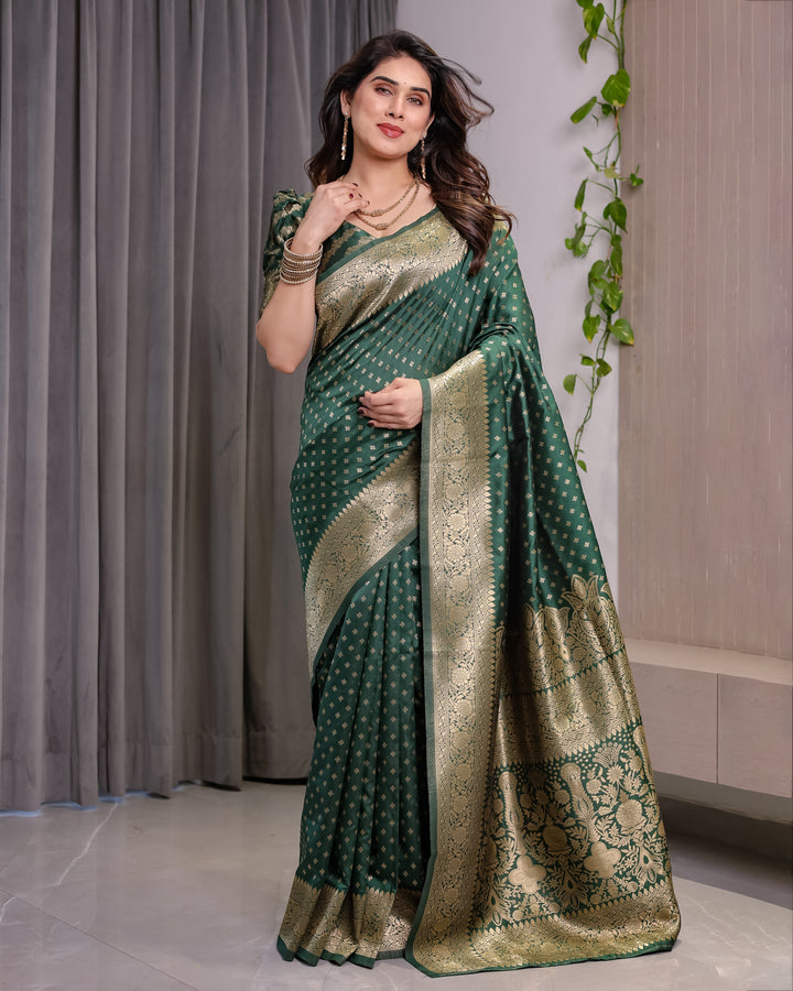 Bottle Green Pure Kanjivaram Silk Saree with Rich Golden Zari Weaving & Traditional Floral Pallu | 5.5m Saree + 0.8m Blouse