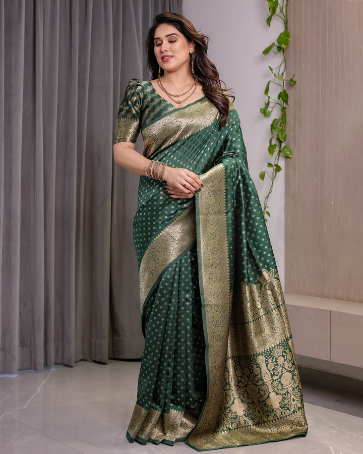 Bottle Green Pure Kanjivaram Silk Saree with Rich Golden Zari Weaving & Traditional Floral Pallu | 5.5m Saree + 0.8m Blouse