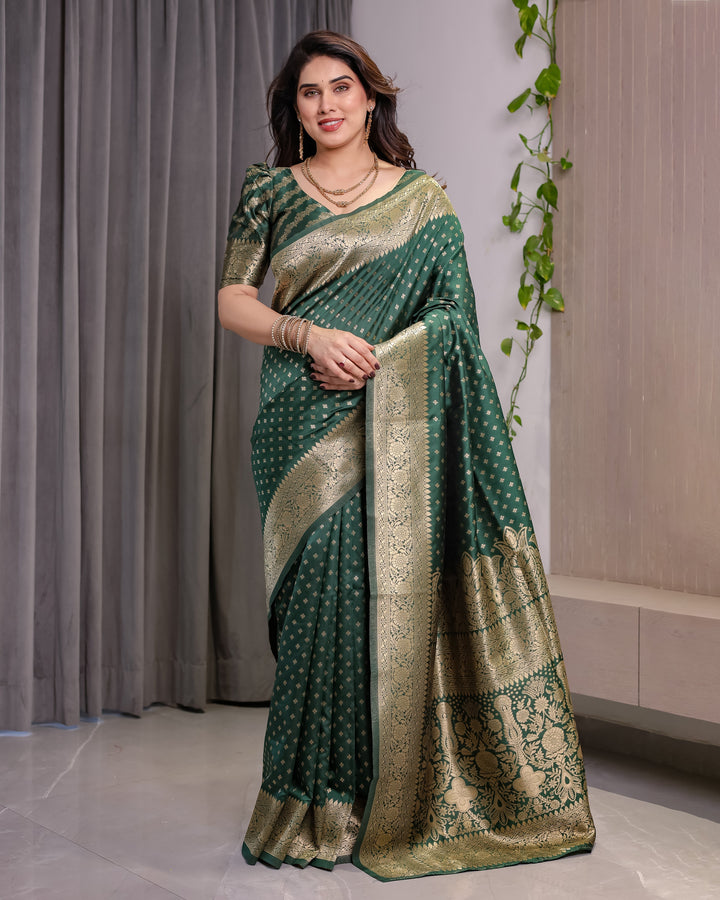 Bottle Green Pure Kanjivaram Silk Saree with Rich Golden Zari Weaving & Traditional Floral Pallu | 5.5m Saree + 0.8m Blouse