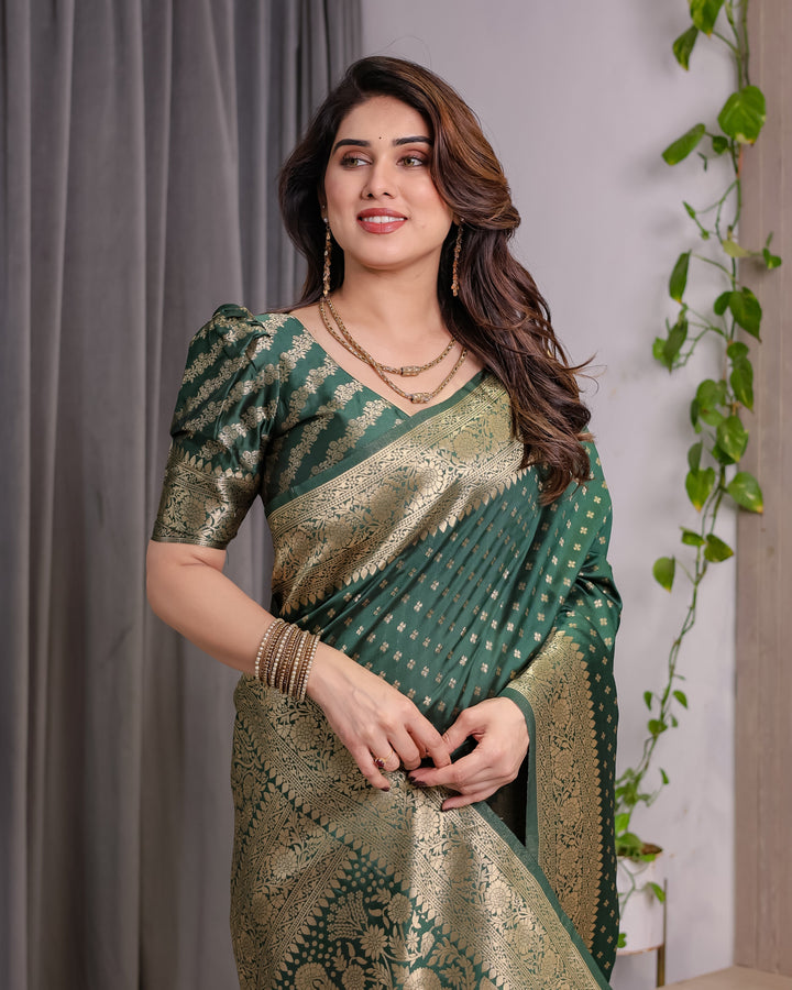 Bottle Green Pure Kanjivaram Silk Saree with Rich Golden Zari Weaving & Traditional Floral Pallu | 5.5m Saree + 0.8m Blouse