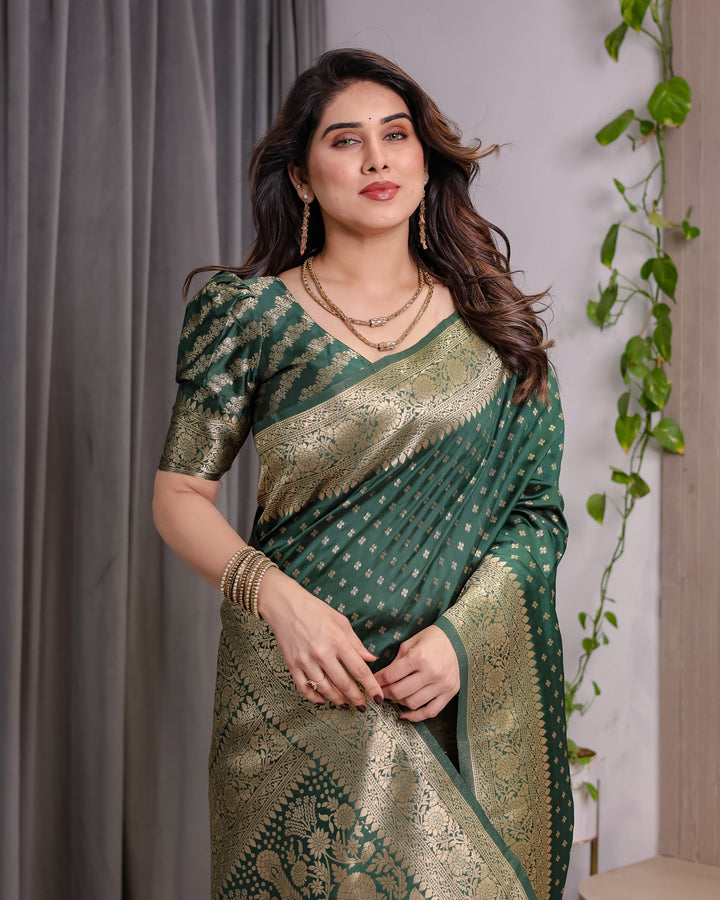 Bottle Green Pure Kanjivaram Silk Saree with Rich Golden Zari Weaving & Traditional Floral Pallu | 5.5m Saree + 0.8m Blouse