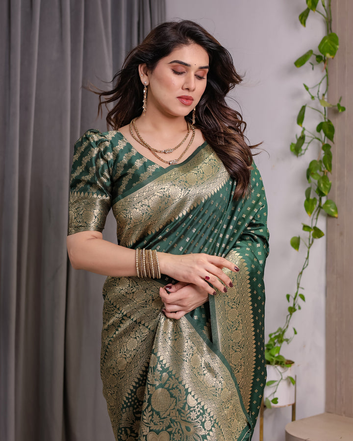Bottle Green Pure Kanjivaram Silk Saree with Rich Golden Zari Weaving & Traditional Floral Pallu | 5.5m Saree + 0.8m Blouse