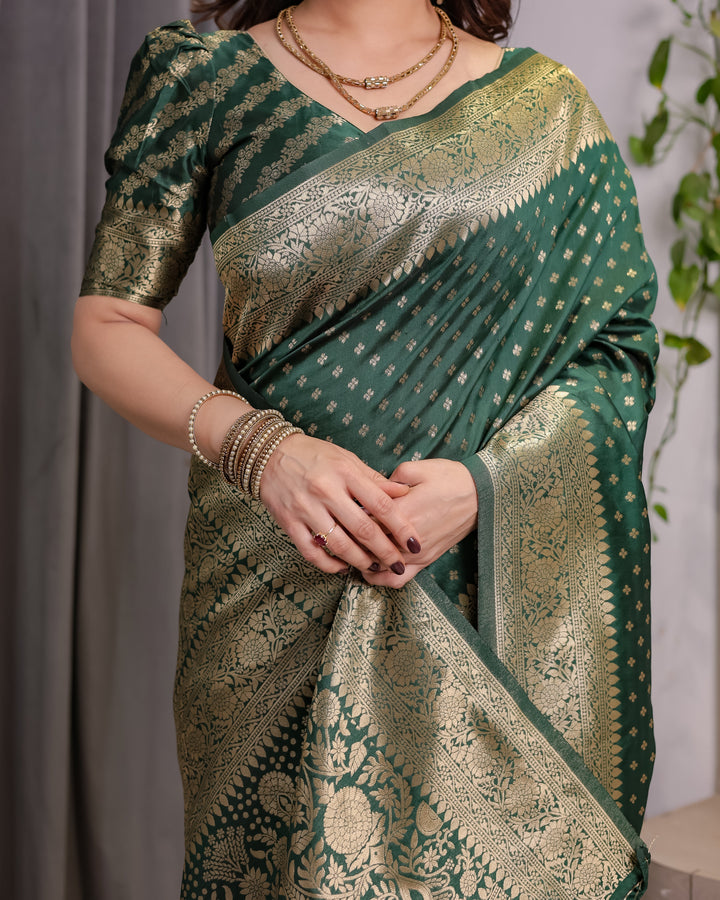 Bottle Green Pure Kanjivaram Silk Saree with Rich Golden Zari Weaving & Traditional Floral Pallu | 5.5m Saree + 0.8m Blouse