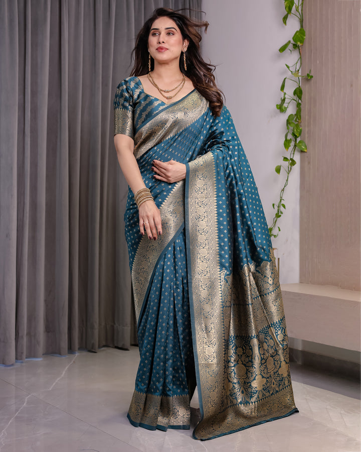 Teal Blue Pure Kanjivaram Silk Saree with Golden Zari Weaving & Brocade Floral Pallu | 5.5m Saree + 0.8m Blouse Piece