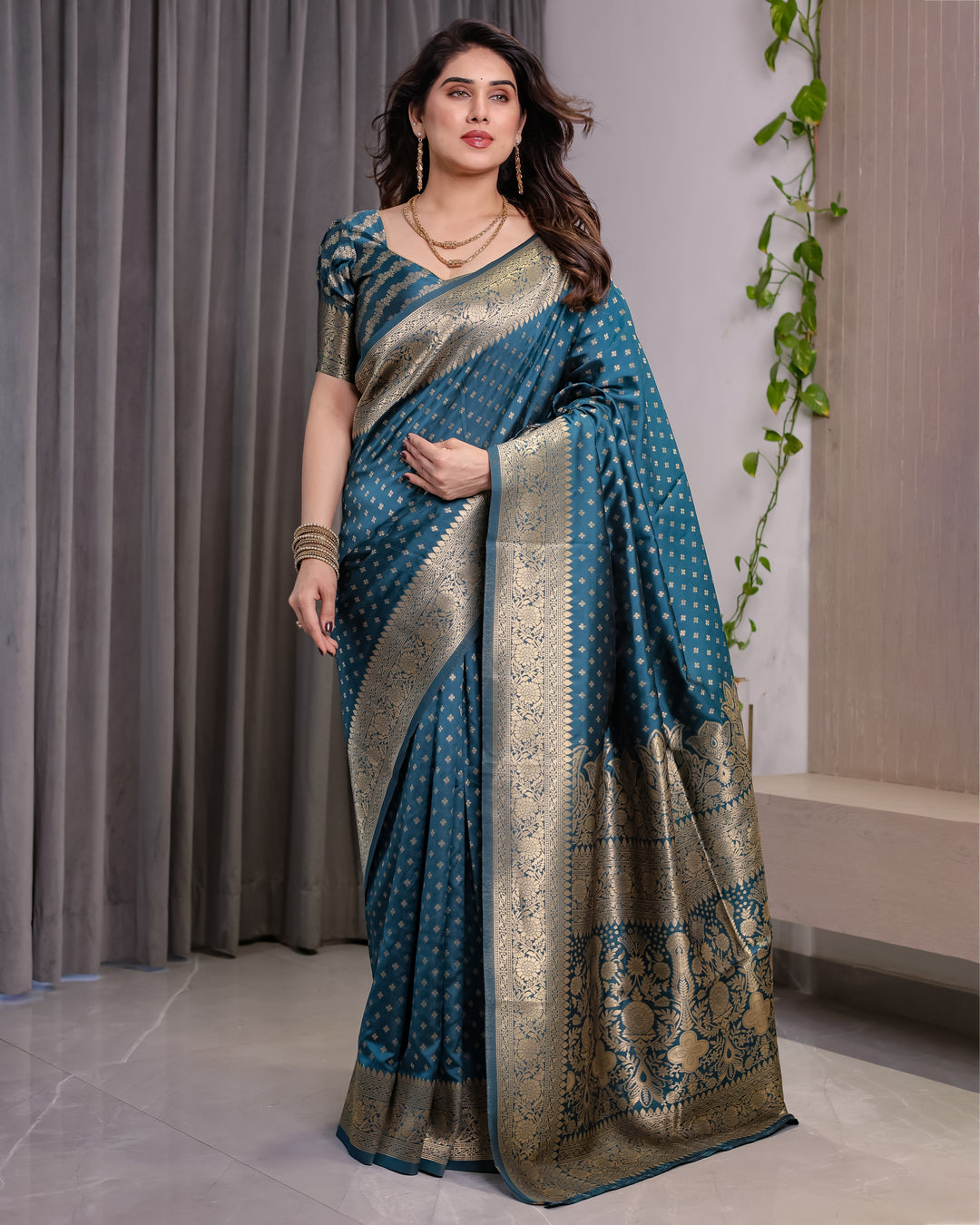 Teal Blue Pure Kanjivaram Silk Saree with Golden Zari Weaving & Brocade Floral Pallu | 5.5m Saree + 0.8m Blouse Piece