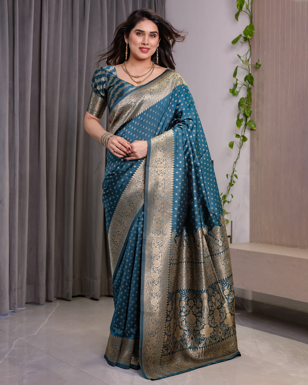 Teal Blue Pure Kanjivaram Silk Saree with Golden Zari Weaving & Brocade Floral Pallu | 5.5m Saree + 0.8m Blouse Piece