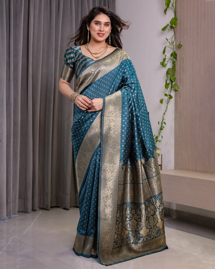 Teal Blue Pure Kanjivaram Silk Saree with Golden Zari Weaving & Brocade Floral Pallu | 5.5m Saree + 0.8m Blouse Piece