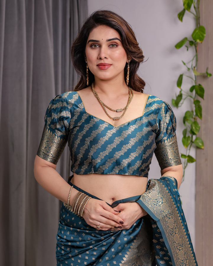 Teal Blue Pure Kanjivaram Silk Saree with Golden Zari Weaving & Brocade Floral Pallu | 5.5m Saree + 0.8m Blouse Piece