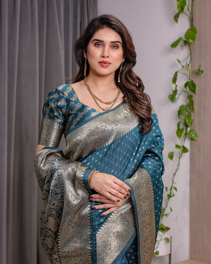 Teal Blue Pure Kanjivaram Silk Saree with Golden Zari Weaving & Brocade Floral Pallu | 5.5m Saree + 0.8m Blouse Piece